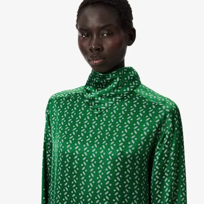 Runway Printed Satin Scarf Neck Dress